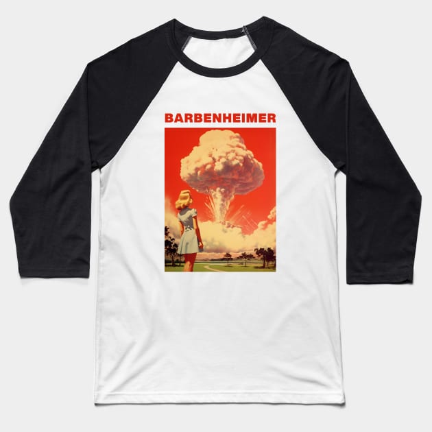 Barbie x Oppenheimer 2023 | BARBENHEIMER Baseball T-Shirt by Retro Travel Design